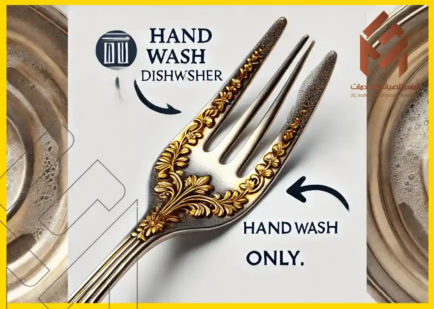 شوكة مزخرفة باللون الذهبي بجانبها تعليمات غسل اليد وغسل غسالة الصحون، مع سهم يشير إلى ضرورة الغسل اليدوي فقط. 18 شيئًا يجب ألا تضعها أبدًا في غسالة الأطباق