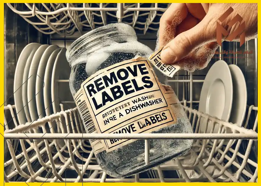 تُظهر الصورة يد تزيل ملصقًا عن جرة زجاجية داخل غسالة أطباق. 18 شيئًا يجب ألا تضعها أبدًا في غسالة الأطباق