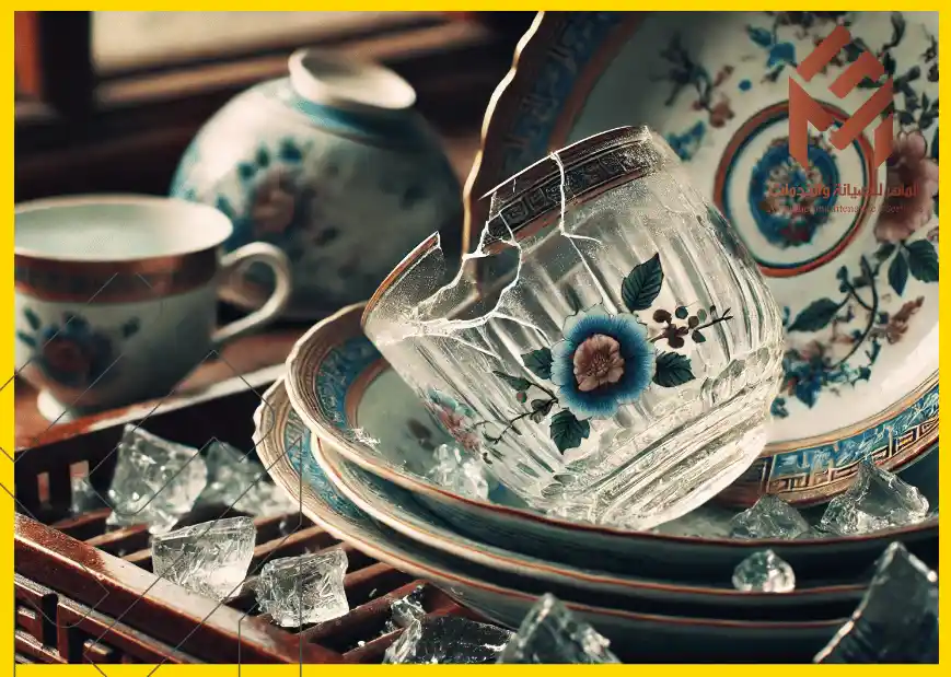 كوب زجاجي مكسور ومزين بزخارف زهور، موضوع على أطباق عليها نقوش مشابهة، محاط بقطع من الجليد، وخلفية بها كوب شاي. 18 شيئًا يجب ألا تضعها أبدًا في غسالة الأطباق