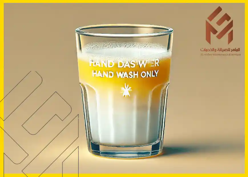 كوب زجاجي مصفر لسبب الحليب مكتوب عليه "HAND WASH ONLY" وخلفية باللون البيج مع شعار شركة الظاهر للصيانة والخدمات. 18 شيئًا يجب ألا تضعها أبدًا في غسالة الأطباق