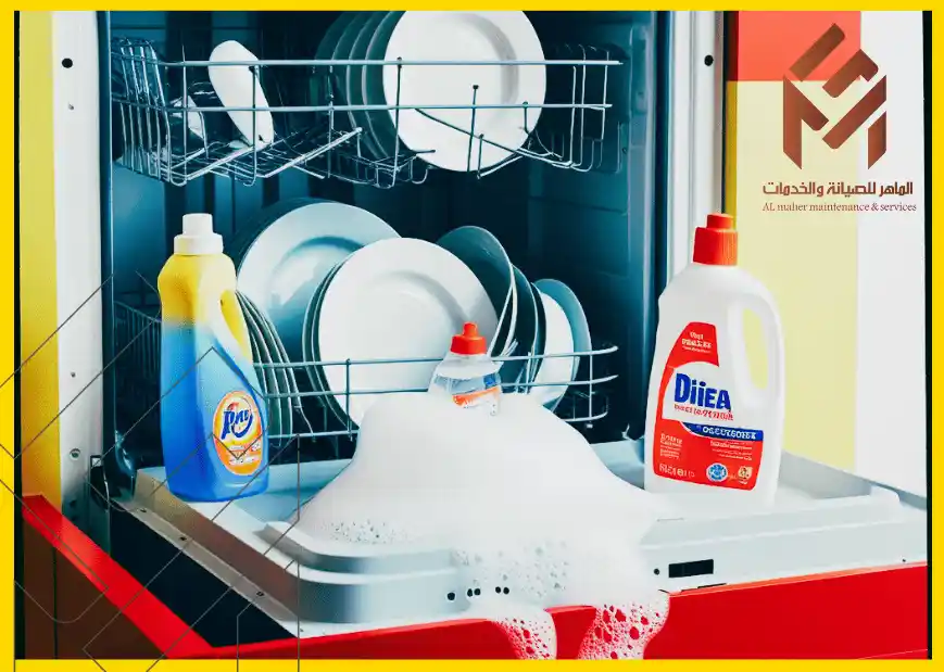 غسالة أطباق مفتوحة تفيض بالصابون مع زجاجتين مناستخدام صابون الأطباق العادي، واحدة في المقدمة وأخرى بجانبها.