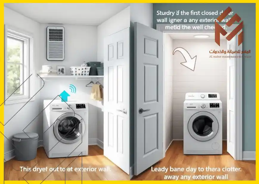 غرفة غسيل صغيرة تحتوي على مجفف ومنظم رفوف، مع أجهزة تهوية مثبتة على الحائط لتوضيح تركيب منفذ للمجفف