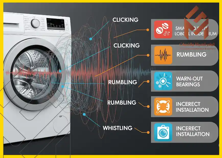 صورة لغسالة على اليسار مع مخطط جانبي يوضح ممشاكل الضوضاء المحتملة، مثل النقر بسبب أشياء صغيرة في الأسطوانة، والاهتزاز نتيجة محامل مهترئة أو تركيب غير صحيح، والصفير عند التركيب غير السليم.