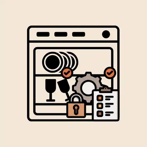 رمز لواجهة برمجية تحتوي على عناصر مثل كؤوس ونظارات وتروس، مع قفل وقائمة مراجعة، مما يعبر عن إعدادات الأمان والخصوصية المتعلقة بالمحتوى الرقمي صيانة غسالات الصحون