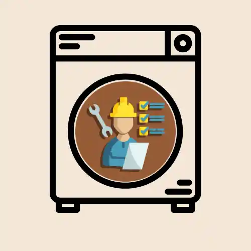 رمز غسالة يحتوي على صورة داخلية لعامل يحمل ورقة، مرتدياً قبعة صلبة مع أدوات شَد وفحص غسالات اتوماتيك