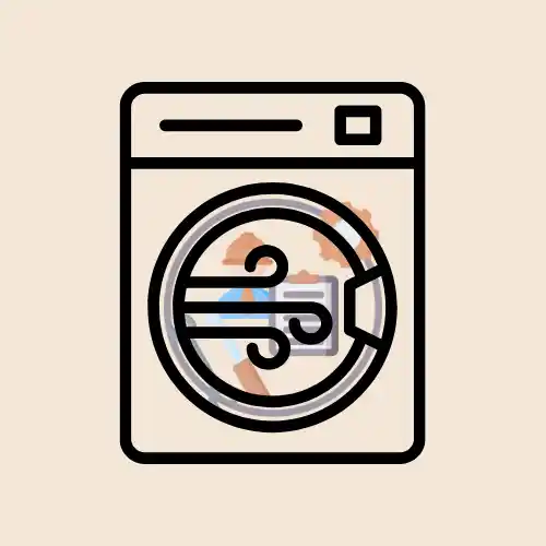 رسم توضيحي لماكينة غسيل، مع رمز يشير إلى دورة تجفيف الهواء داخل الباب الدائري، على خلفية بلون بيج فاتح فحص مجففات الملابس