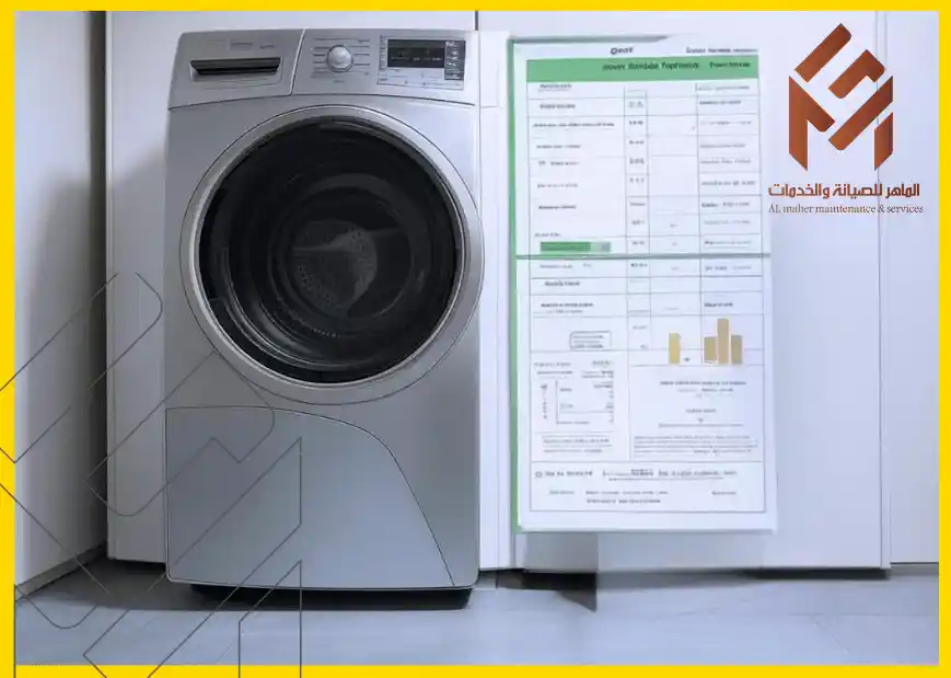 كمية الكهرباء التي يستخدمها المجفف2024 غسالة فضية حديثة بجانبها لوحة معلومات تسعيرية موضوعة على الحائط، مع شعار شركة "الماهر للصيانة والخدمات" في الزاوية العلوية اليمنى.كمية الكهرباء التي يستخدمها المجفف2024