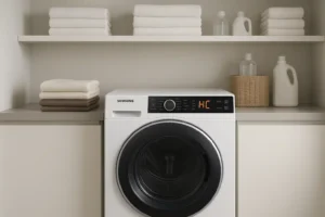 غسالة حديثة من نوع سامسونج موضوعة في غرفة غسيل، مع وجود مناشف مطوية وزجاجات المنظفات على الرفوف المحيطة. مشاكل رموز أخطاء مجفف سامسونج