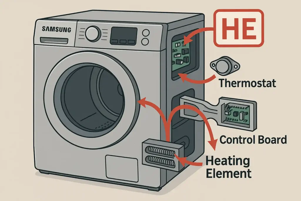رسم تخطيطي لغسالة سامسونج يوضح مكونات داخلية مثل منظم الحرارة، لوحة التحكم، وعنصر التسخين مع شرح لها. مشاكل رموز أخطاء مجفف سامسونج
