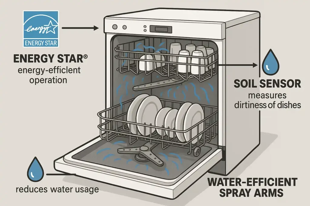 رسم توضيحي لغسالة أطباق مفتوحة تظهر أطباق وكؤوس موضوعة بداخلها، مع تسميات توضح ميزات مثل تشغيل موفر للطاقة وحساس الأوساخ وأذرع رشاش فعالة في استخدام المياه. توفير المياه