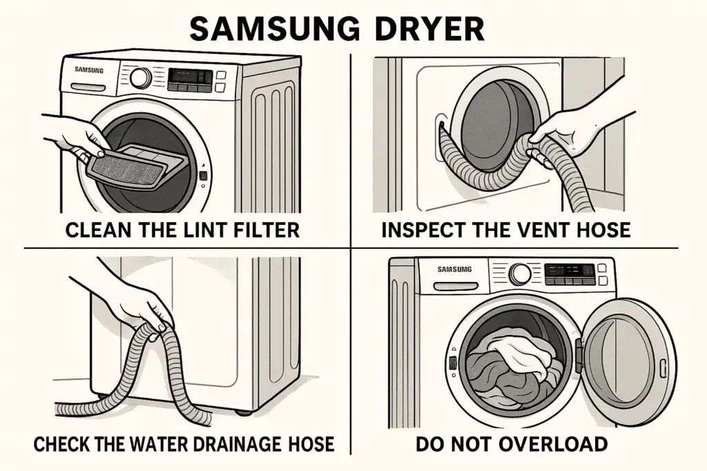 إرشادات لصيانة مجفف سامسونج تشمل أربعة صور: تنظيف مصفاة الوبر، فحص خرطوم التهوية، التحقق من خرطوم تصريف المياه، وعدم التحميل الزائد. مشاكل رموز أخطاء مجفف سامسونج
