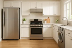 كم يجب أن تدوم الأجهزة الكبرى ومتى يجب استبدالها 1 مطبخ حديث بأجهزة فضية يتضمن ثلاجة وفرن غاز ومدخنة وغسالة، مع خزائن بيضاء وأسطح عمل بيضاء، وزينة نباتية صغيرة ولوح تقطيع بجانب الموقد.كم يجب أن تدوم الأجهزة الكبرى ومتى يجب استبدالها