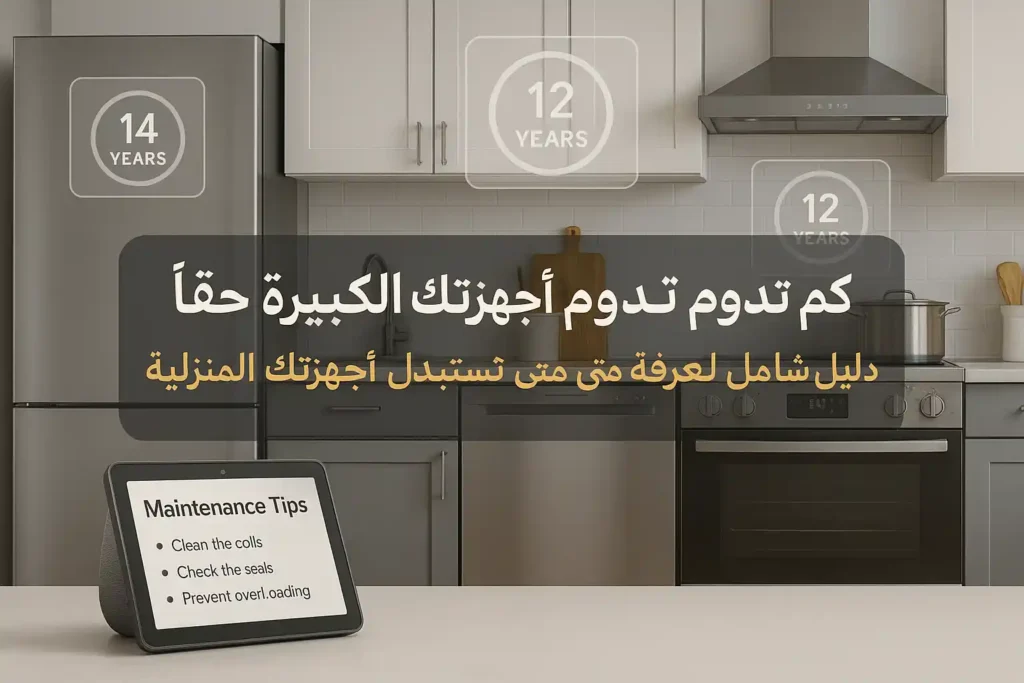 كم يجب أن تدوم الأجهزة الكبرى ومتى يجب استبدالها 2 مطبخ حديث يحتوي على ثلاجة وفرن مع شاشة تعرض نصائح صيانة، مكتوب فوقه نص يوضح متوسط عمر الأجهزة المنزلية باللغة العربية.كم يجب أن تدوم الأجهزة الكبرى ومتى يجب استبدالها