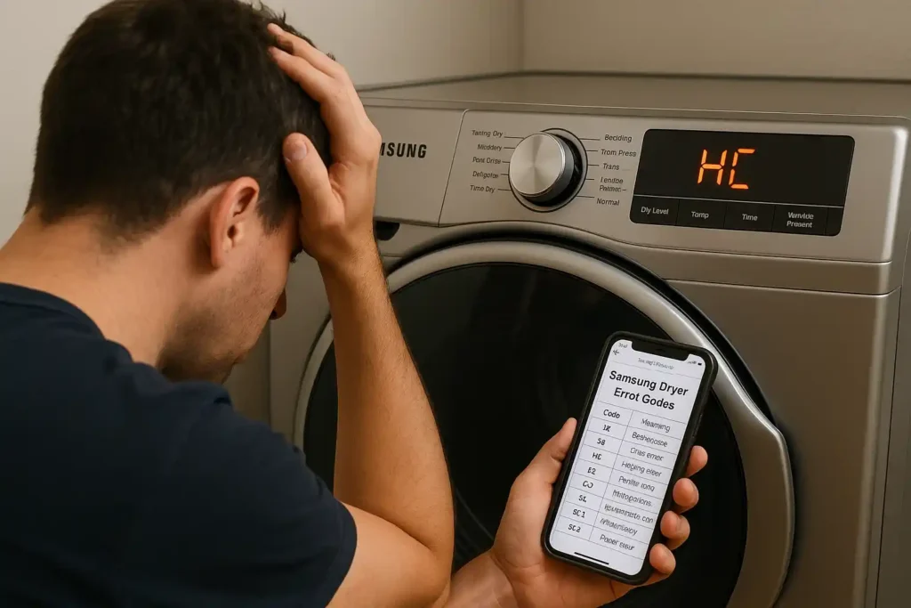 رجل يجلس في وضعية إحباط أمام مجفف سامسونج يظهر عليه رمز خطأ 'HC' على الشاشة، بينما يقوم بالبحث عن رموز خطأ مجفف سامسونج على هاتفه الذكي. مشاكل رموز أخطاء مجفف سامسونج
