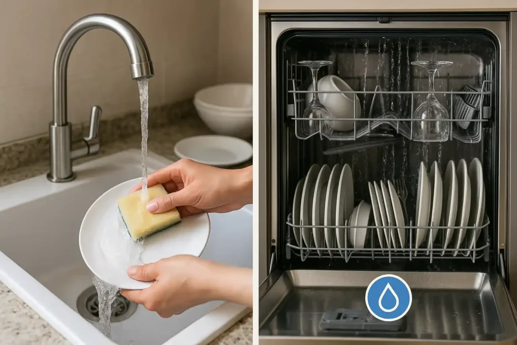 صورتان جنبًا إلى جنب تظهر اليدين تغسلان صحنًا تحت ماء الصنبور على اليسار، وغسالة صحون مليئة بالأطباق والكؤوس على اليمين.توفير المياه