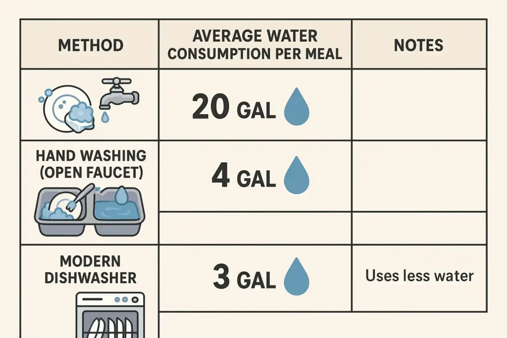 جدول يوضح متوسط استهلاك المياه لكل وجبة باستخدام ثلاث طرق: الصنبور المفتوح يستهلك 20 جالون، غسل اليدين يستهلك 4 جالونات، وغسالة الصحون الحديثة تستهلك 3 جالونات مع ملاحظة أنها تستخدم كمية أقل من المياه.توفير المياه