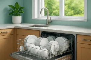 غسالة صحون مفتوحة تحتوي على أطباق نظيفة في مطبخ مع نبات في إناء بالقرب من الحوض ونافذة تطل على خضرة خارجية.توفير المياه