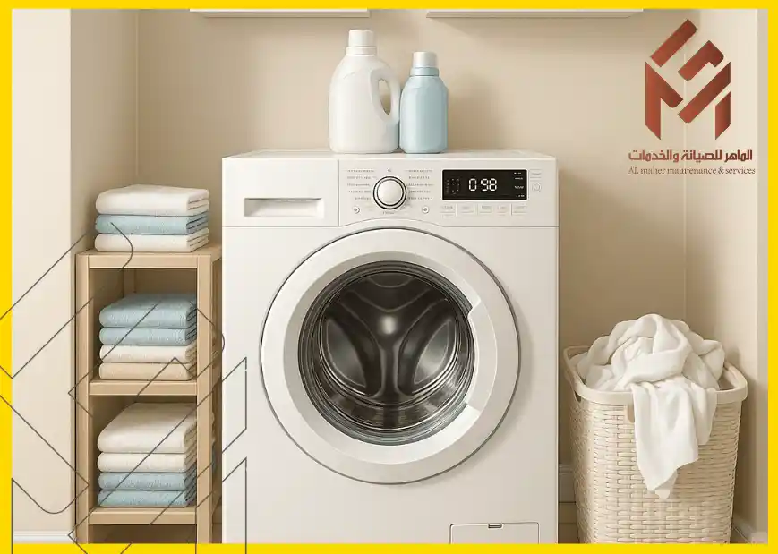 غسالة ملابس بيضاء في غرفة غسيل منظمة، مع مناشف مطوية ومنظفات فوق رفوف بجانب سلة غسيل لأفضل فني صيانة غسالات في مكة