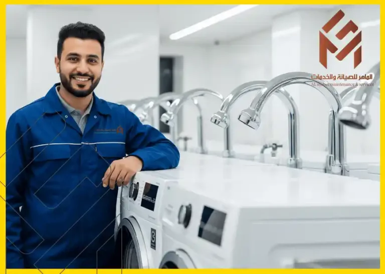 فني يرتدي زي أزرق واقفًا بجانب مجموعة من الغسالات في بيئة عمل نظيفة وحديثة، وشعار شركة صيانة مرئي في الزاوية اليمنى العليا. كيف تسوي صيانة لغسالتك في مكة وتضمن الشغل