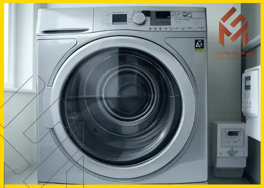 غسالة ملابس ذات تحميل أمامي بلون فضي، تتميز بتصميم أنيق وأزرار للتحكم في البرامج المختلفة.