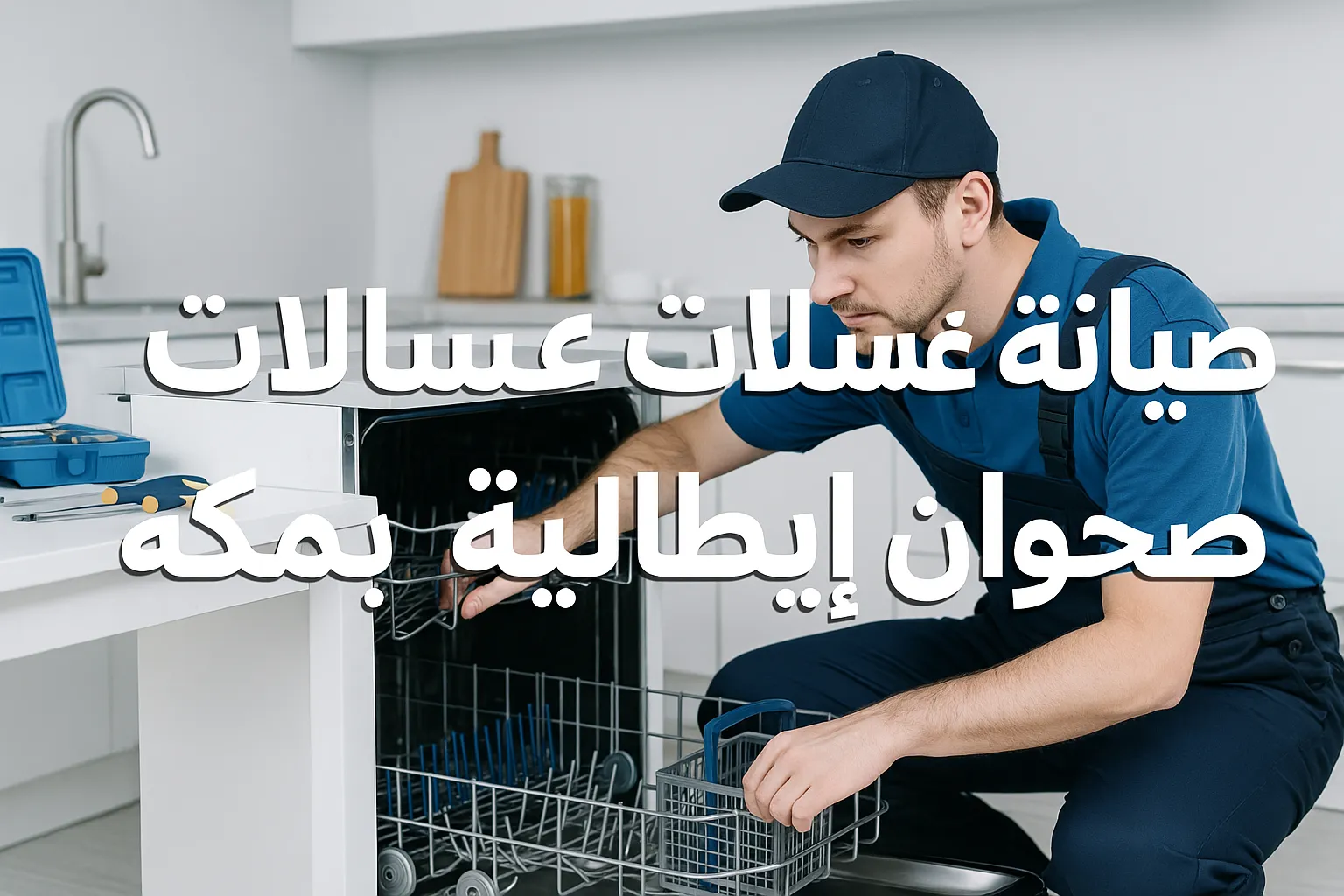 فني يرتدي زي عمل يقوم بفحص غسالة صحون في مطبخ حديث، وعليها نص "صيانة غسالات صحون إيطالية بمكة - دليل شامل 2025".