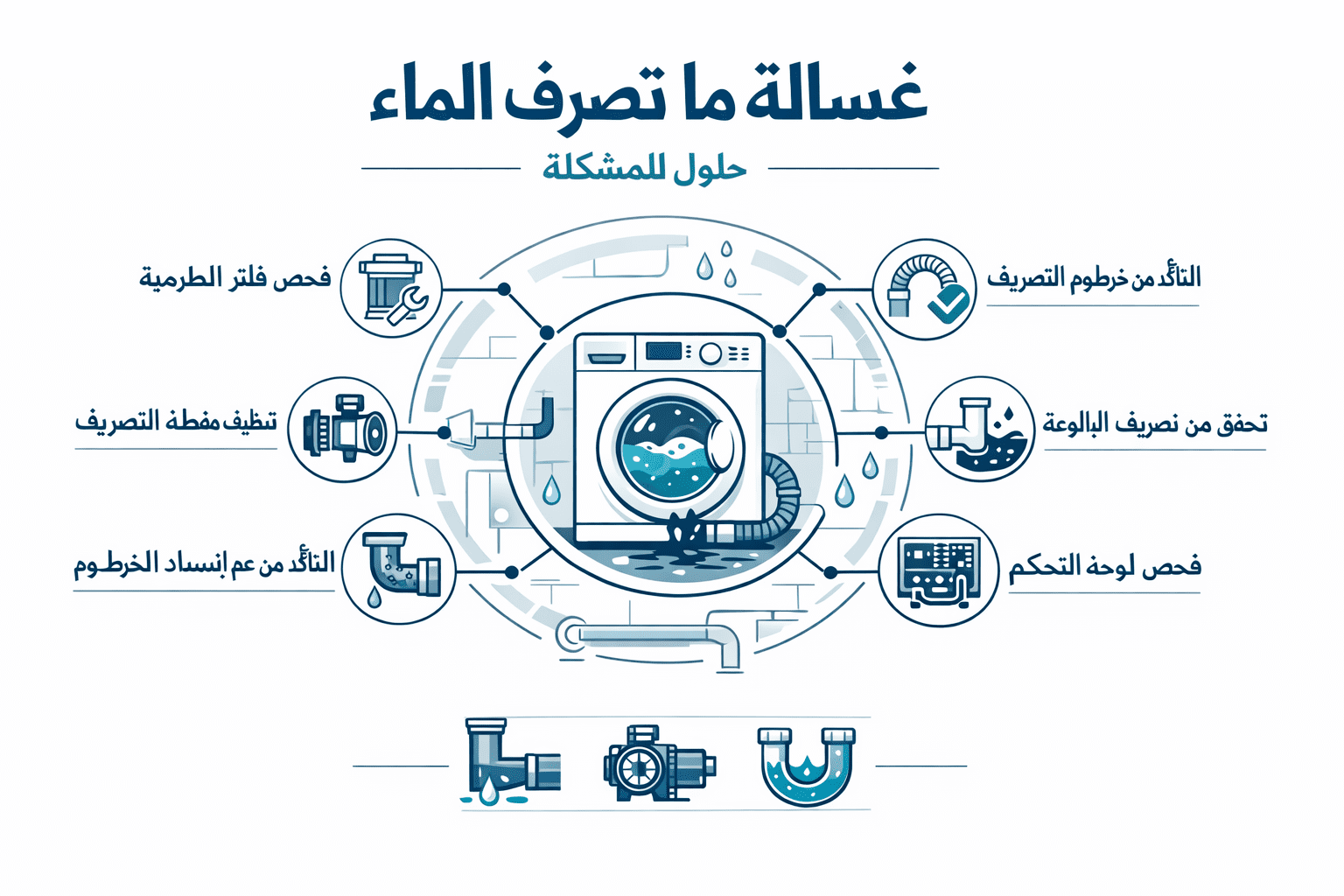 Professional editorial infographic showcasing key points about غسالة ما تصرف الماء, featuring a central circular diagram with 6 highlighted 