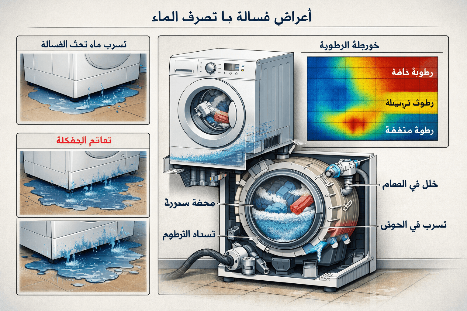 Detailed diagnostic illustration depicting common symptoms of غسالة ما تصرف الماء problem, split-screen visual showing water leakage stages,