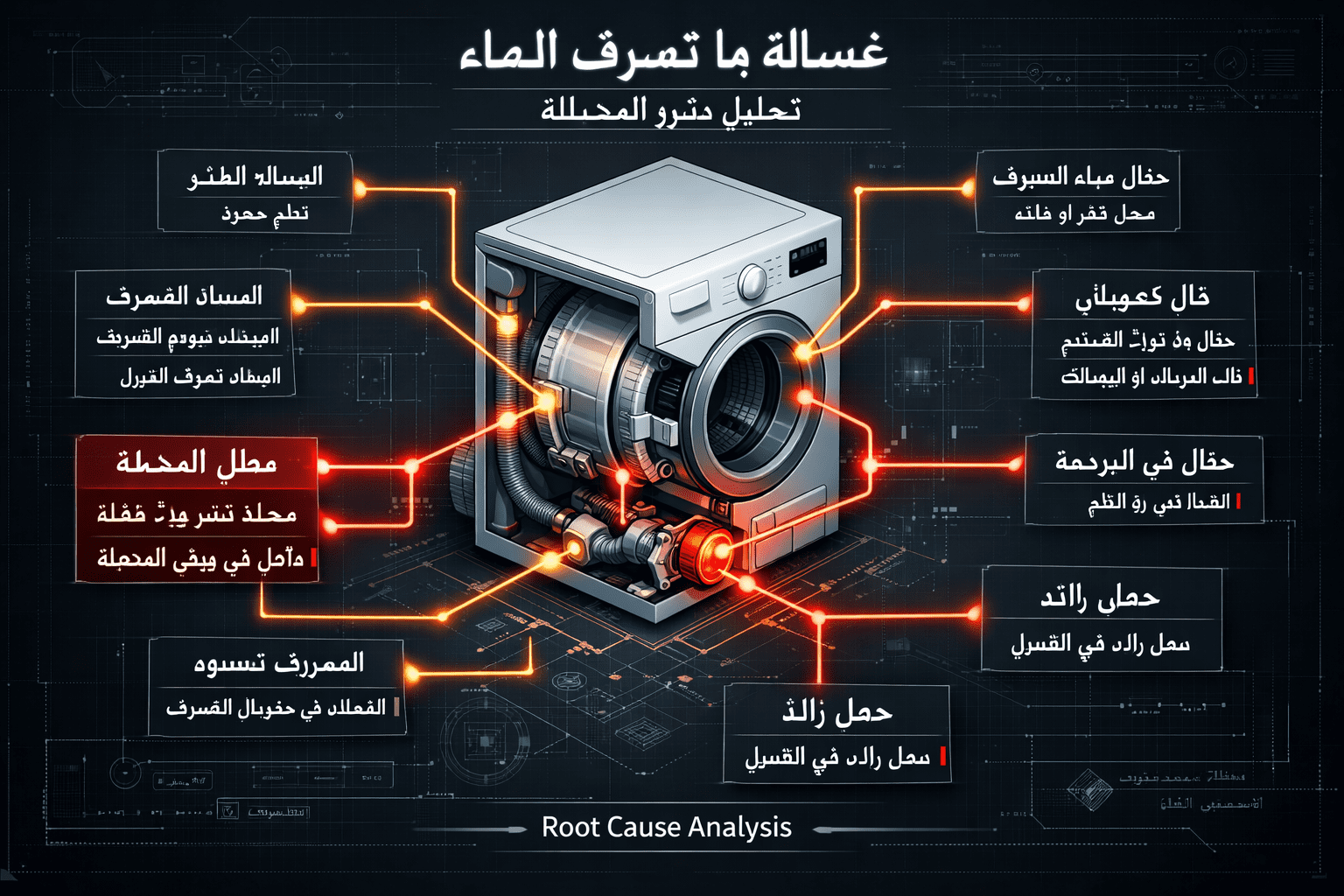 Conceptual root cause analysis visualization for غسالة ما تصرف الماء issues, technical flowchart with interconnected problem sources, mechan