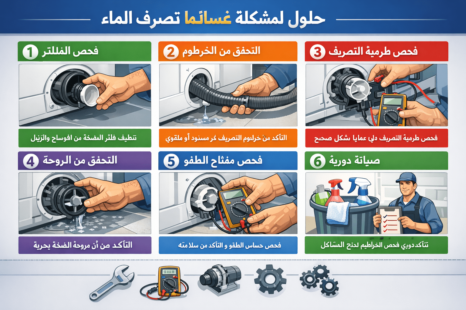 Comprehensive solution roadmap for غسالة ما تصرف الماء problems, step-by-step visual guide with 6 numbered safe solution strategies, profess