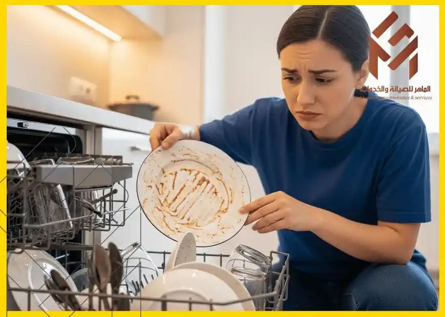 نصائح لإصلاح جهاز غسالة الصحون ما تنظف زين 2 امرأة تنظر بقلق إلى طبق متسخ في غسالة الصحون في المطبخ.نصائح لإصلاح جهاز غسالة الصحون ما تنظف زين