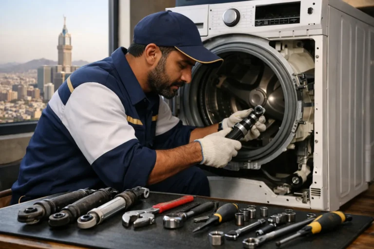 فني يصلح غسالة ملابس، يعمل على استبدال قطع الغيار باستخدام أدوات مهنية، مع منظر لمدينة في الخلفية. الخطوات الهندسية لتغيير مساعدات الغسالات الأتوماتيك في مكة