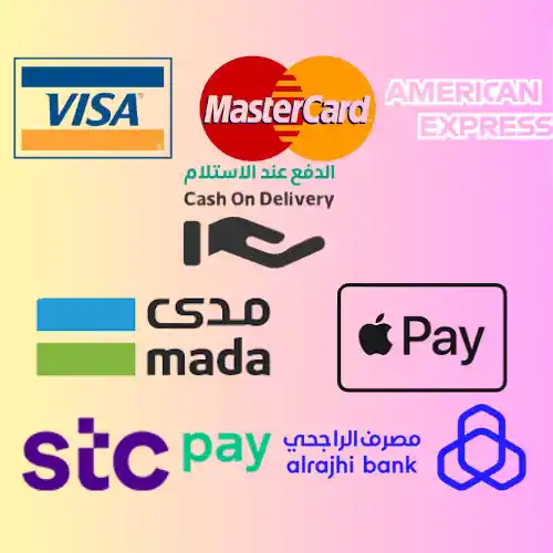 شعارات وسائل الدفع المختلفة تشمل فيزا، ماستر كارد، أمريكان إكسبريس، الدفع عند الاستلام، مدى، آبل باي، stc pay، ومصرف الراجحي. تسوّق خدمات الصيانة وقسّم قيمة الفاتورة على دفعات مريحة
