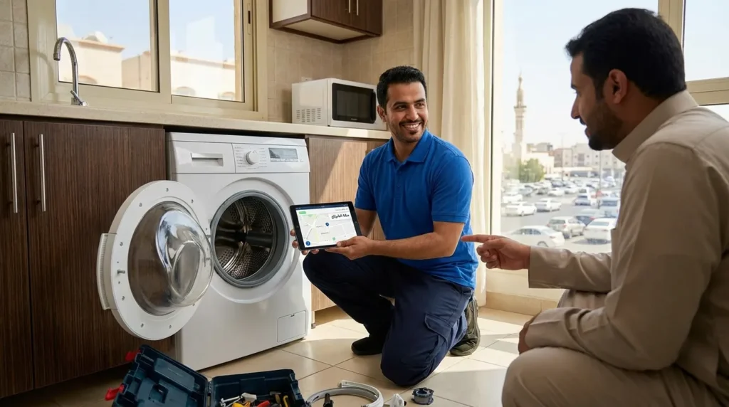 فني خدمة صيانة الغسالات في مكة يعرض معلومات على جهاز لوحي لعميل، مع وجود غسالة في المقدمة وخلفية لمشهد حضري في مكة.