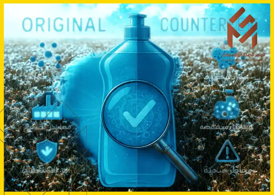صورة لزجاجة منظف نصفها تحت عدسة مكبرة مع علامة صح، وتقارن بين خصائص المنتج الأصلي والمنتج المقلد في خلفية حقل أزهار.