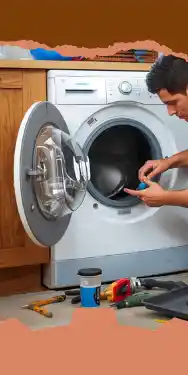 رجل يقوم بإصلاح وصيانة الغسالات الأتوماتيكية مع أدوات مختلفه موضوعة على الأرض.